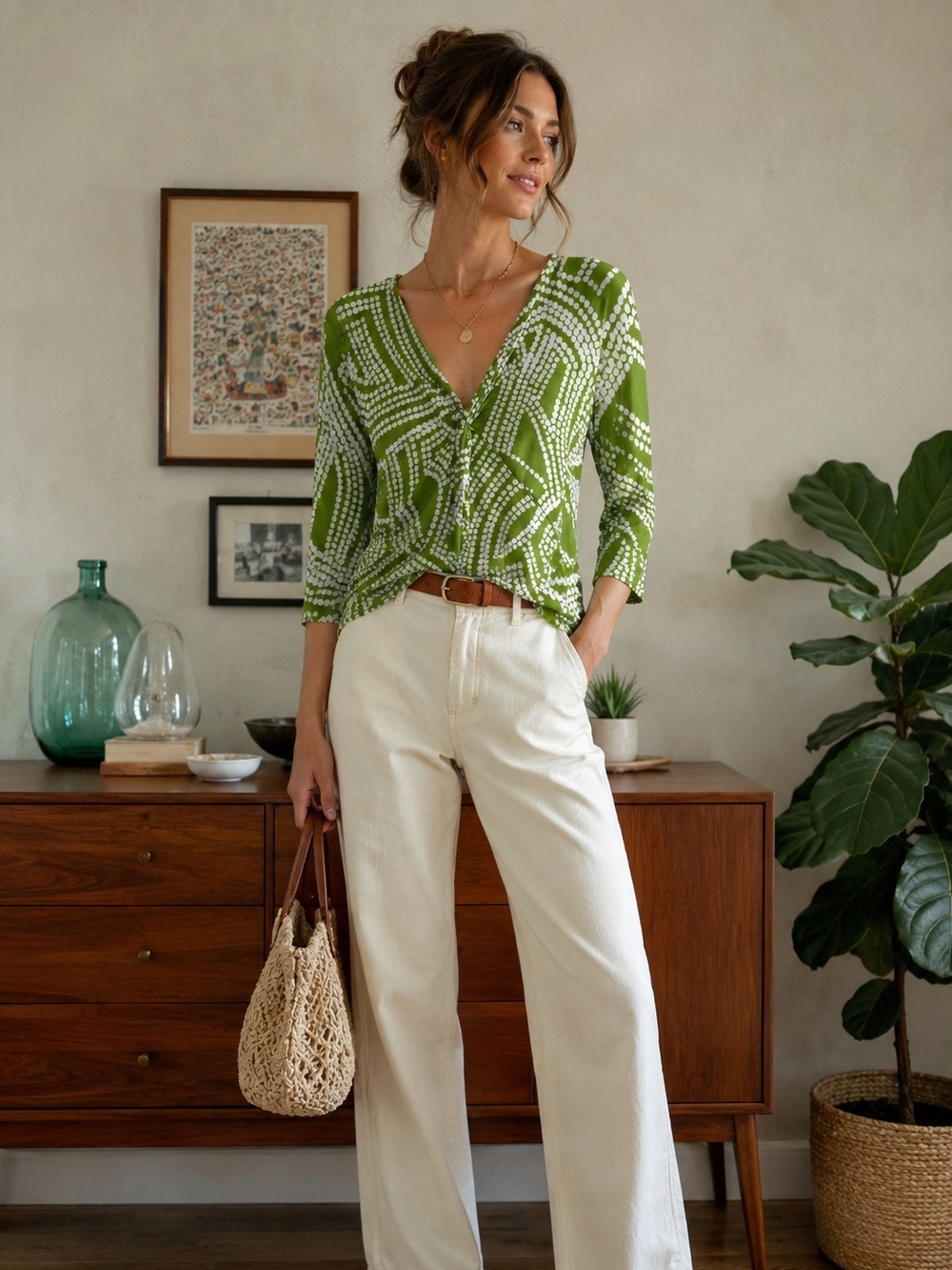 Jones New York Vintage Green & White Pattern 3/4 Sleeve Babydoll Top Size L NWT